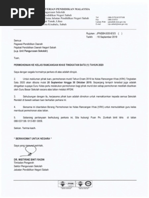 Permohonan Ke Kelas Rancangan Khas Tingkatan 1 Tahun 2020 Pdf