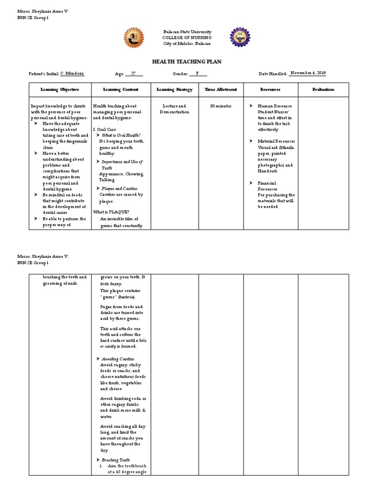 Health Teaching Plan for Hygiene Education | PDF | Oral Hygiene ...