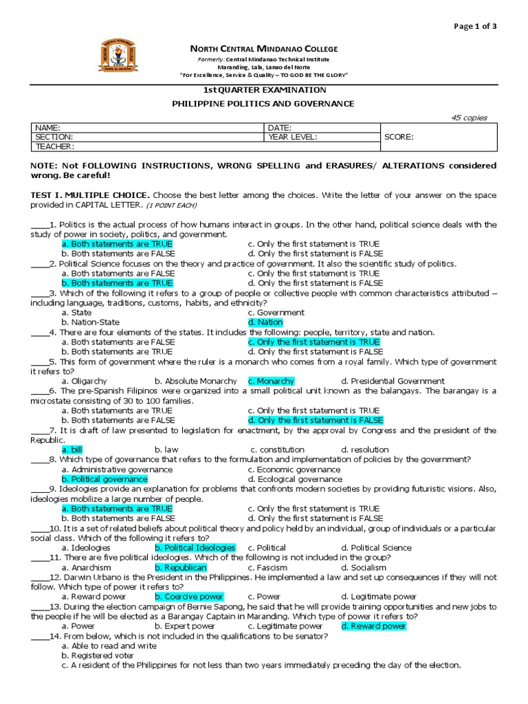 Philippine Politics and Governance Exam | PDF | Nation State | Government