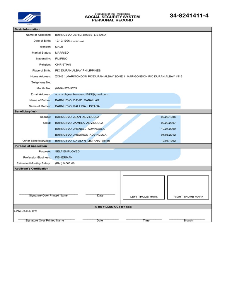 Personal Record for SSS Application | PDF