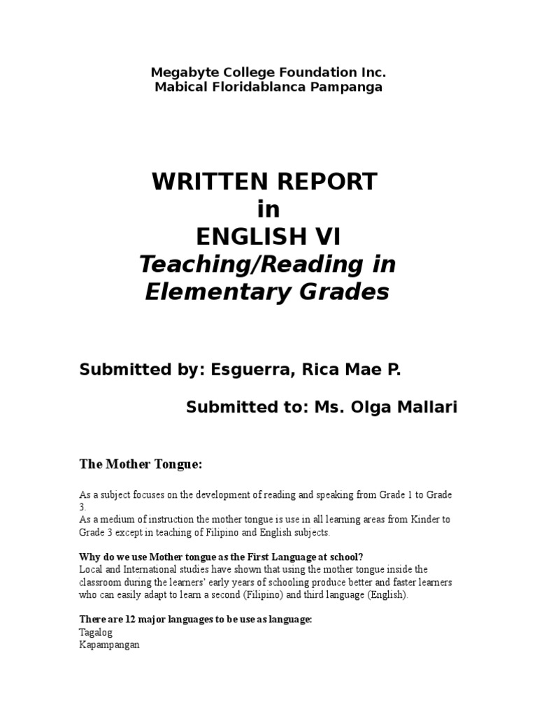 Written Report in English Vi Teaching/Reading in Elementary Grades PDF