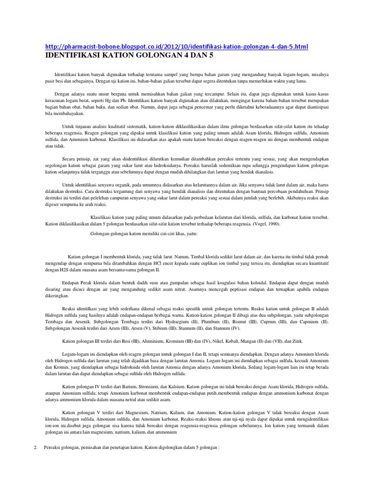 Identifikasi Kation Golongan 4 Dan 5 Pdf