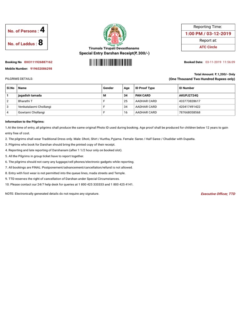 Tirumala Tirupati Devasthanams Official Booking Portal Pdf Business