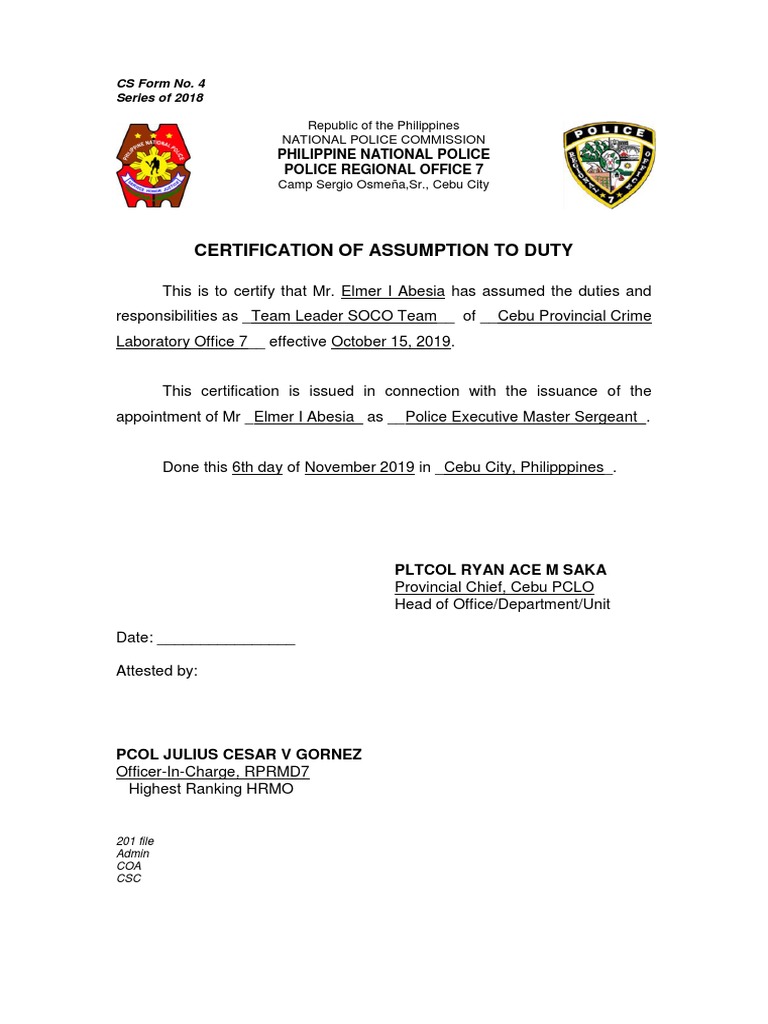 Certificate of assumption to duty 5 pdf