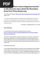 Letter To Editors Concerning Inaccuracies in The Haaretz Story About KL Warschau From Prof. Piotr Konieczny