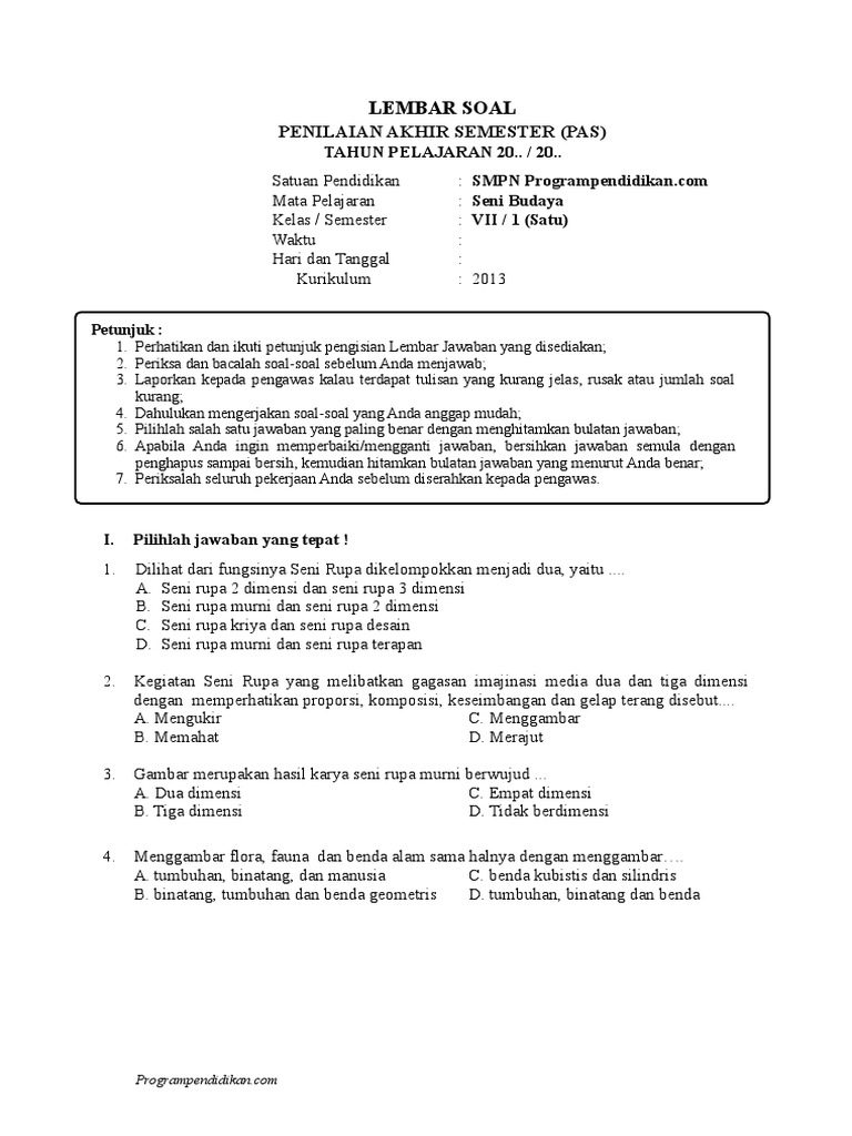 Soal Pas Seni Budaya Kelas 7 K13 Pdf
