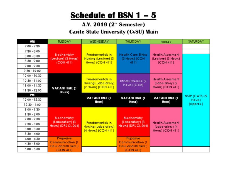 Schedule of BSN 1 5 A.Y. 2019 (2 Semester) Cavite State University (Cvsu) Main PDF Health