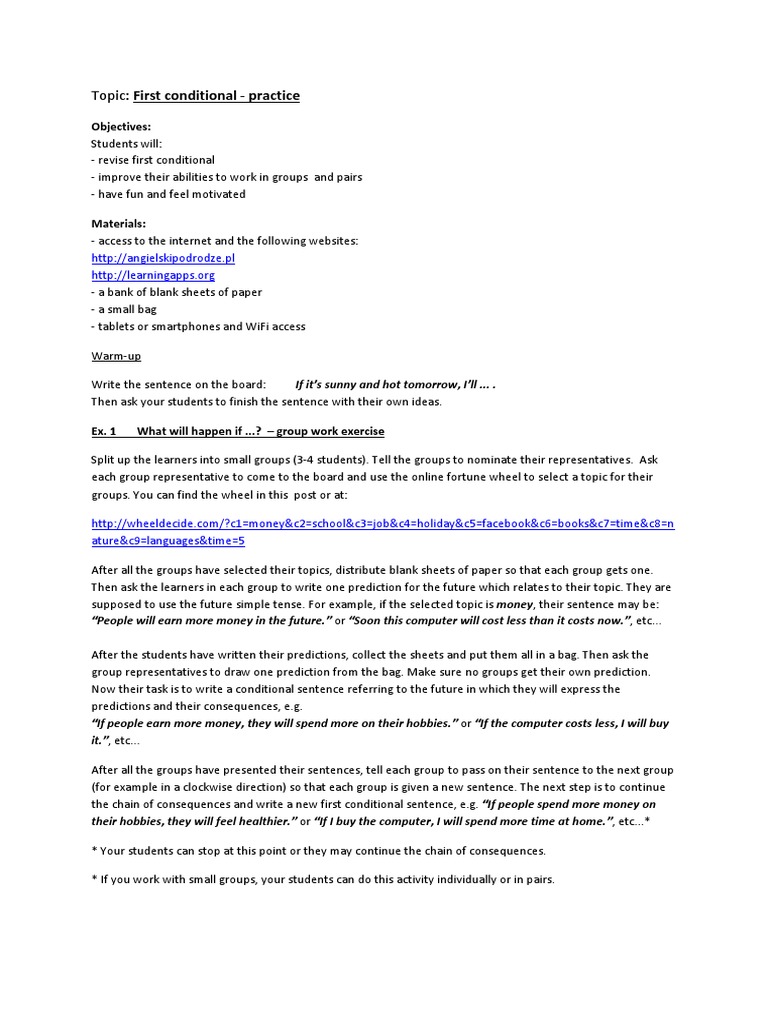 Topic: First Conditional - Practice: Objectives | Download Free PDF ...