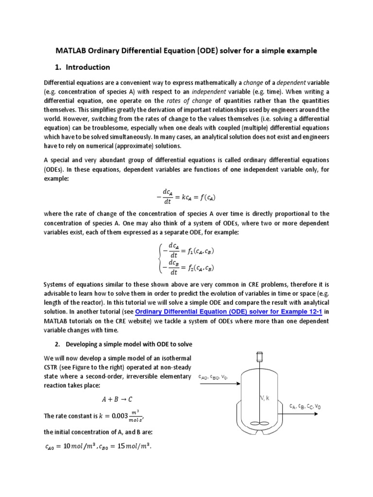 MATLAB Ordinary Differential Equation (ODE) Solver For A Simple Example ...