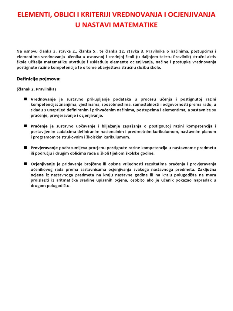 OŠ Čučerje - Kriteriji Vrednovanja I Ocjenjivanja - Matematika 2017 ...