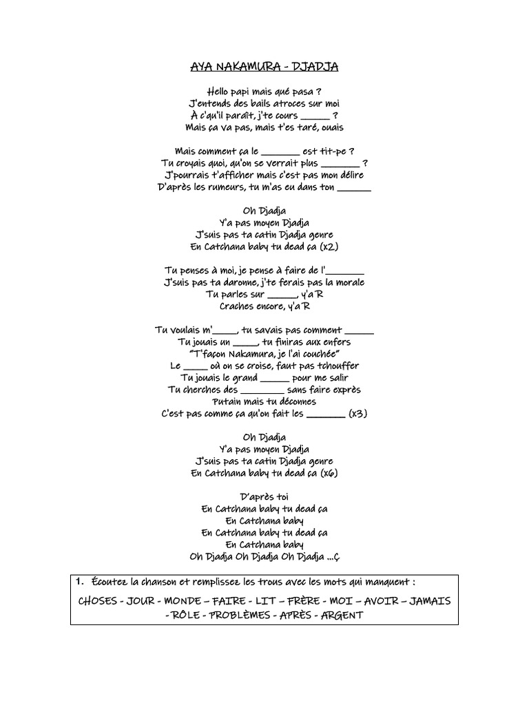 C est Quoi Le Problème Chanson Paroles Paroles Djadja Avec Exercice FLE | PDF