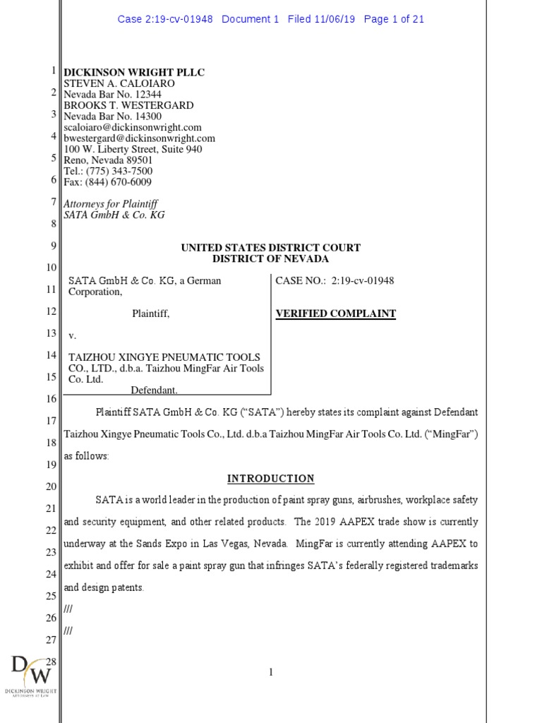 SATA v. Taizhou Xingye Pneumatic Tools Complaint PDF Lanham Act
