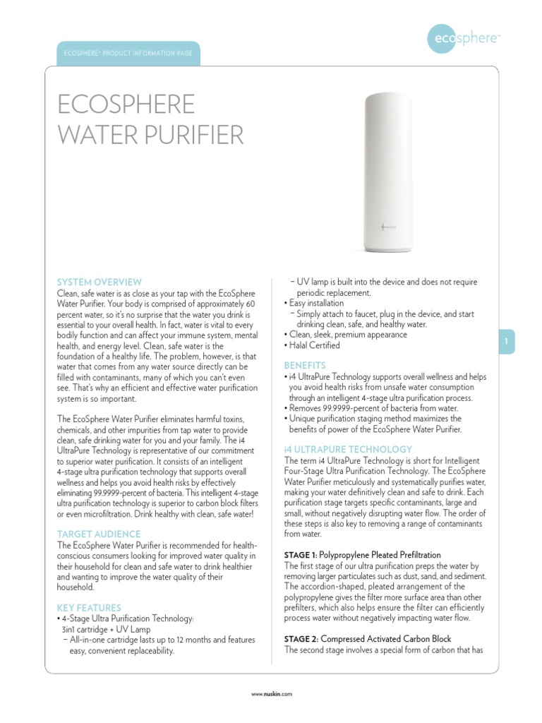 EcoSphere Water Purifier PIP 1 PDF Water Purification Water