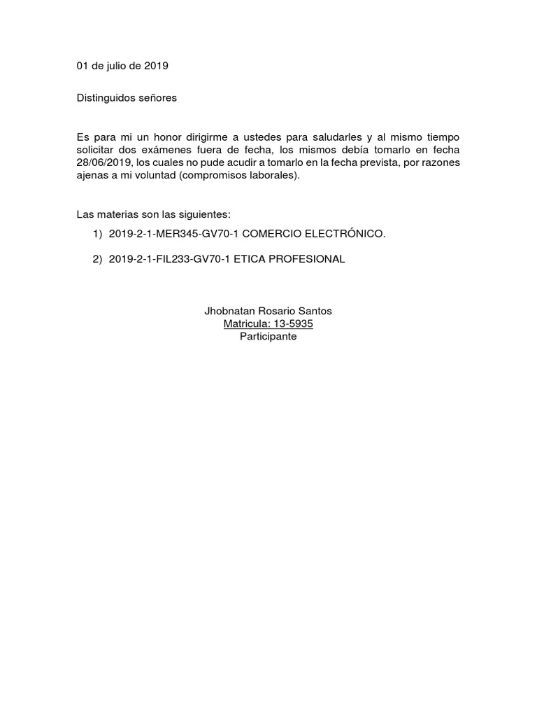 Ejemplo de Carta de Solicitud de Examen Fuera de Horario Uapa | PDF