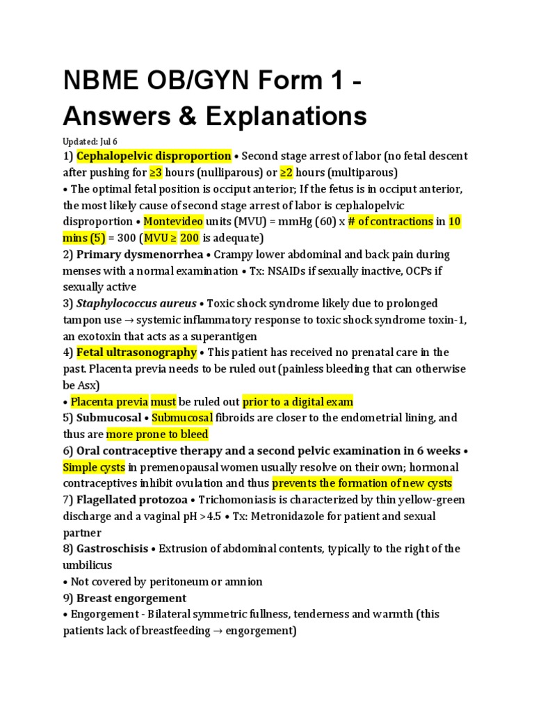 Key Clinical Points Covered in a NBME OB/GYN Form 1 Practice Exam with ...