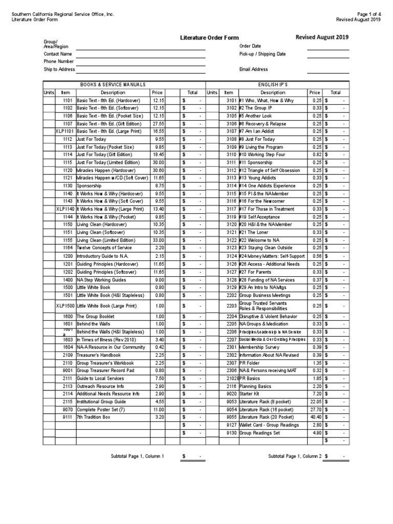 Literature Order Form: Revised August 2019 | PDF