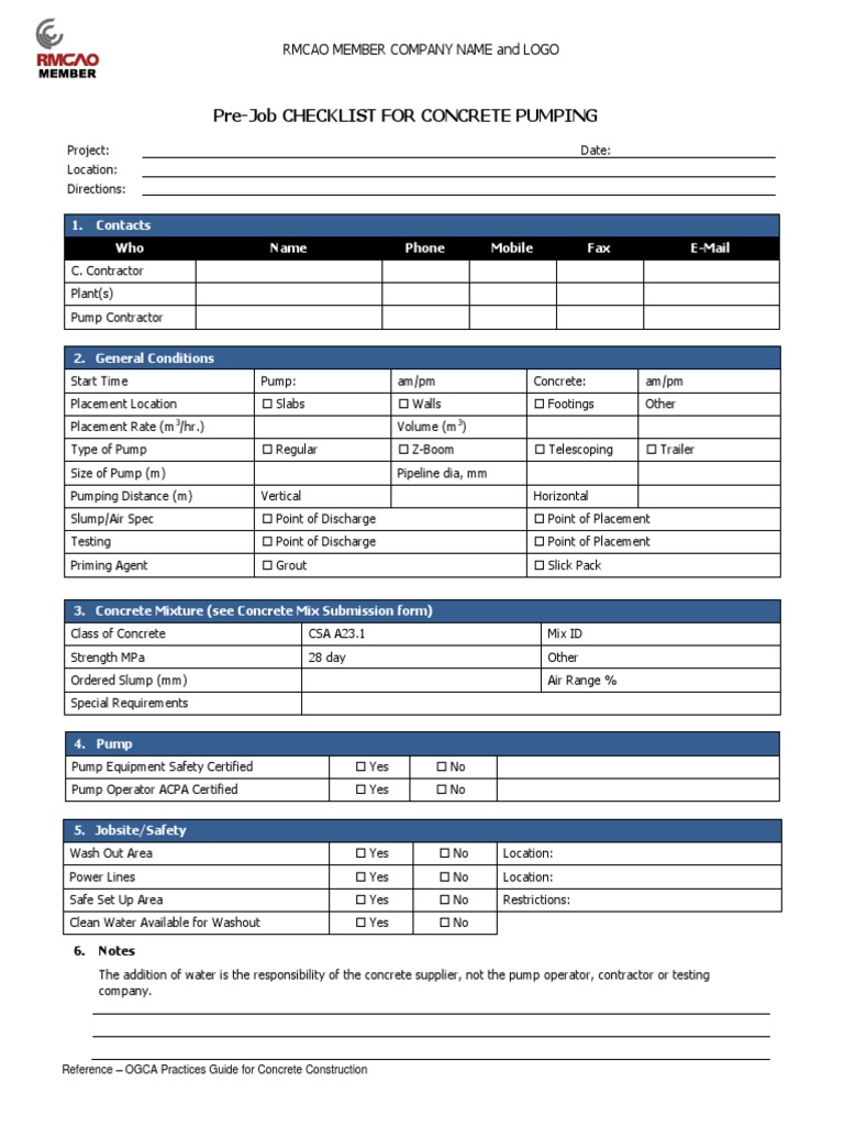 Checklist For Concrete Pumping Concrete Pump