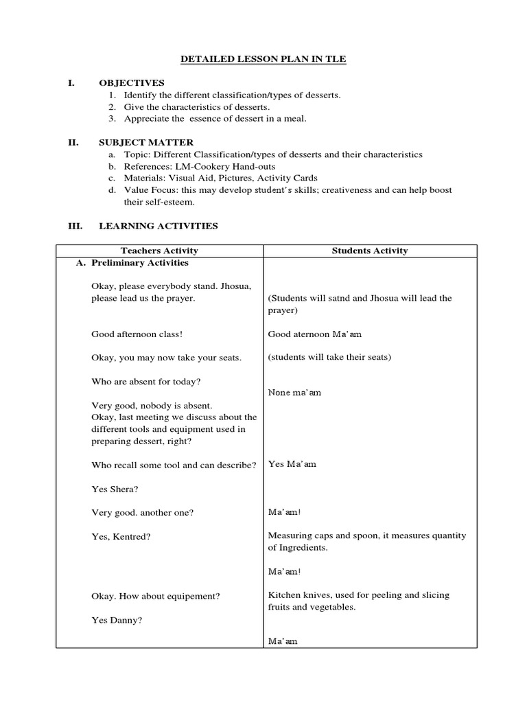 Detailed lesson plan in tle docx pudding desserts