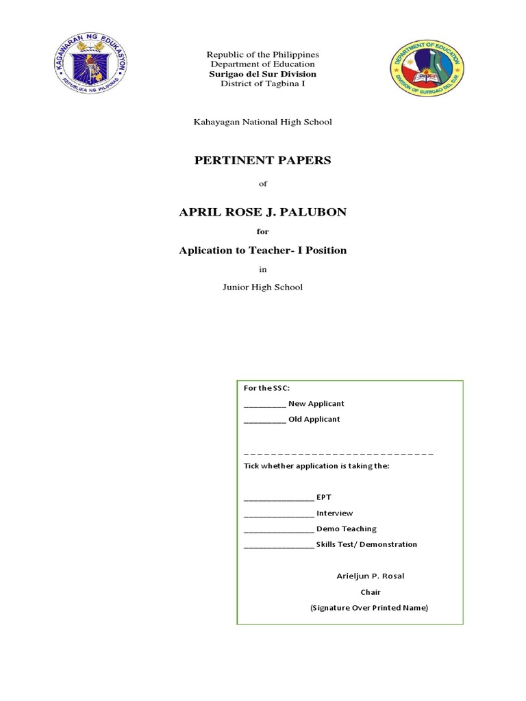 Pertinent Papers for Teacher I Application | PDF | Career & Growth ...
