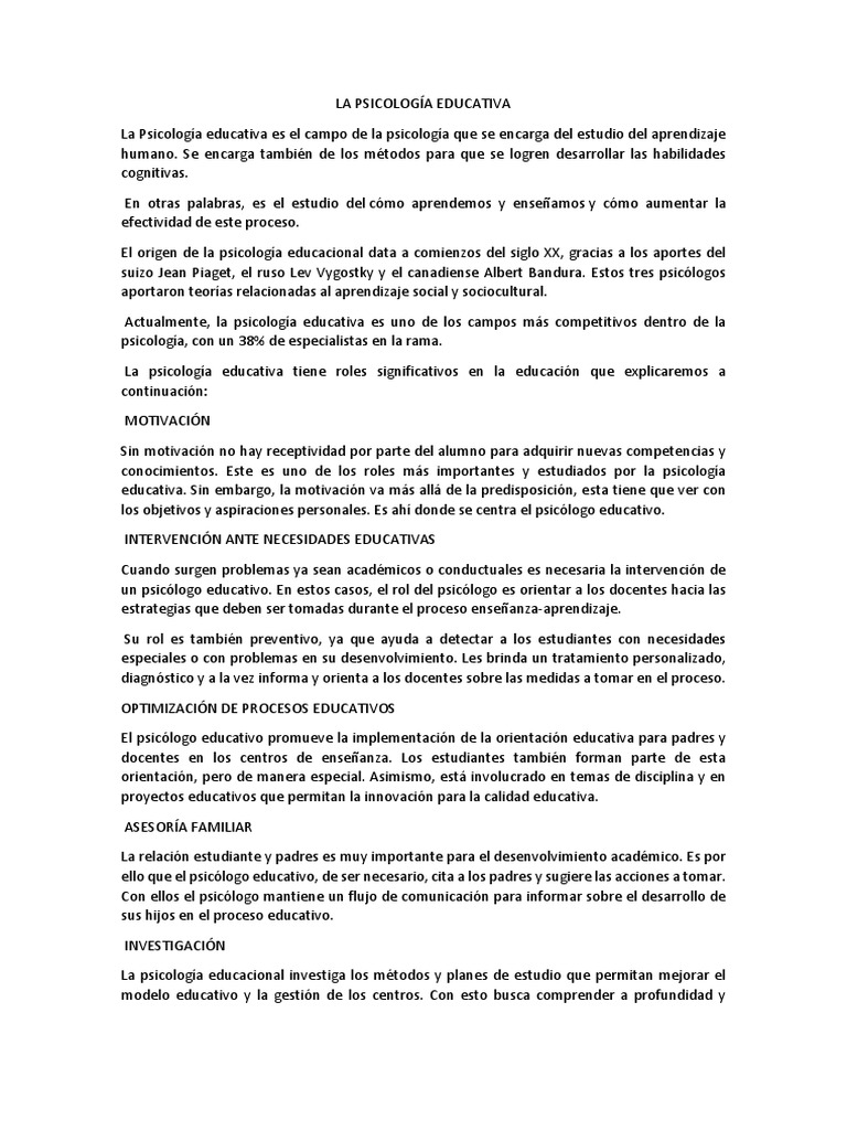 Rol de la Psicología Educativa en el Aprendizaje | PDF | Psicología ...