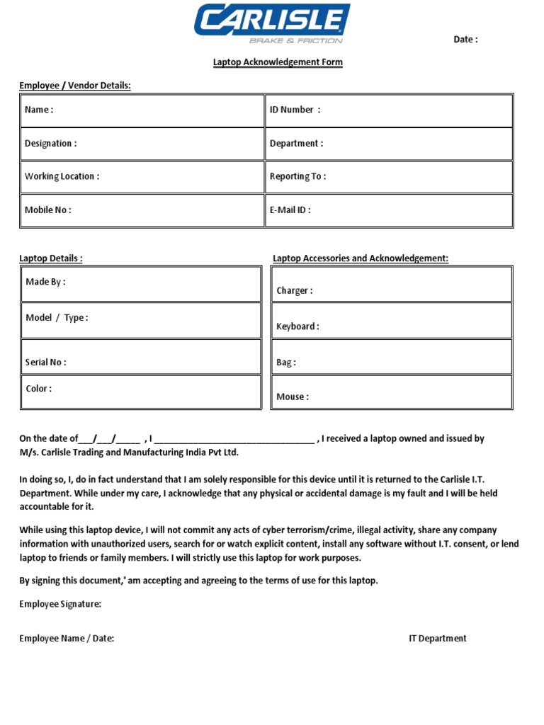 Laptop Acknowledgement Form Template | PDF | Computers