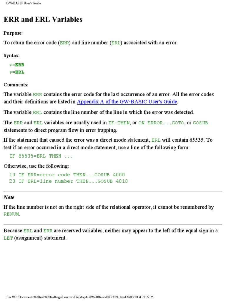 ERR and ERL Variables: Appendix A of The GW-BASIC User's Guide | PDF