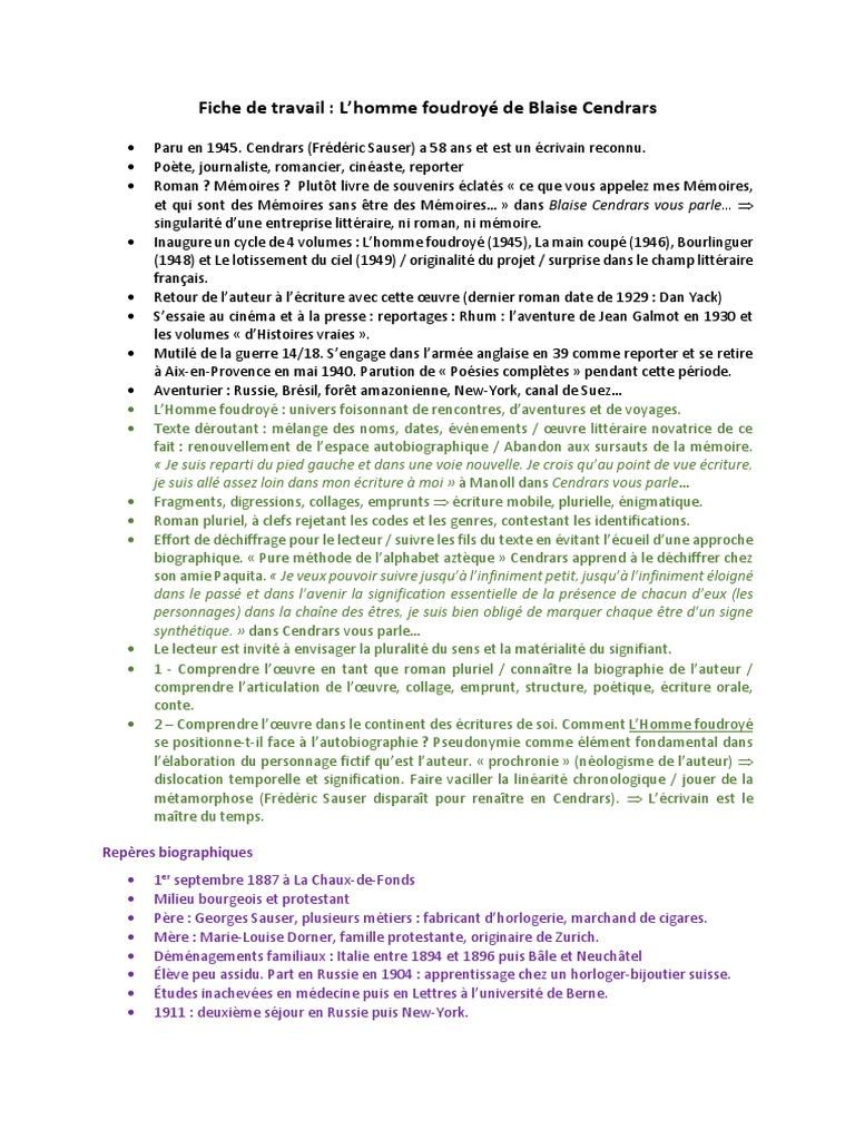 L Or De Blaise Cendrars Fiche De Lecture Notes de Lecture - Fiche de Travail Cendrars | PDF | Poésie