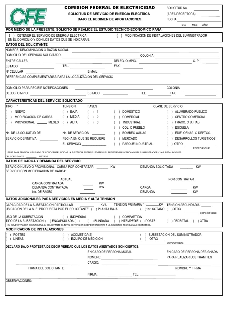 Formato De Solicitud De Servicio 2019 Cfe Pdf Electromagnetismo Electricidad