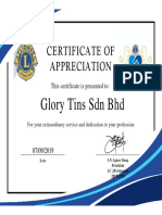 Certificate of Appreciation: Glory Tins SDN BHD