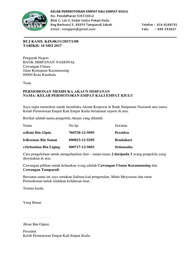 Contoh Surat Permohonan Membuka Akaun Kelab Pdf