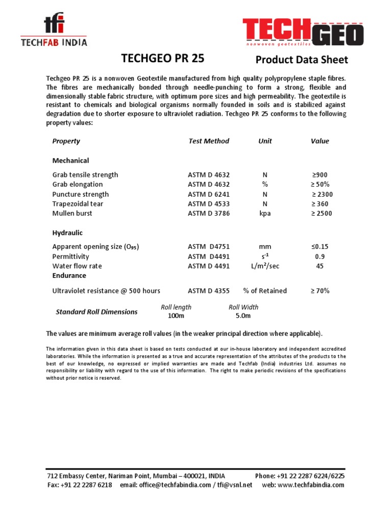 Techgeo PR 25 Geotextile Specifications | PDF | Nonwoven Fabric ...
