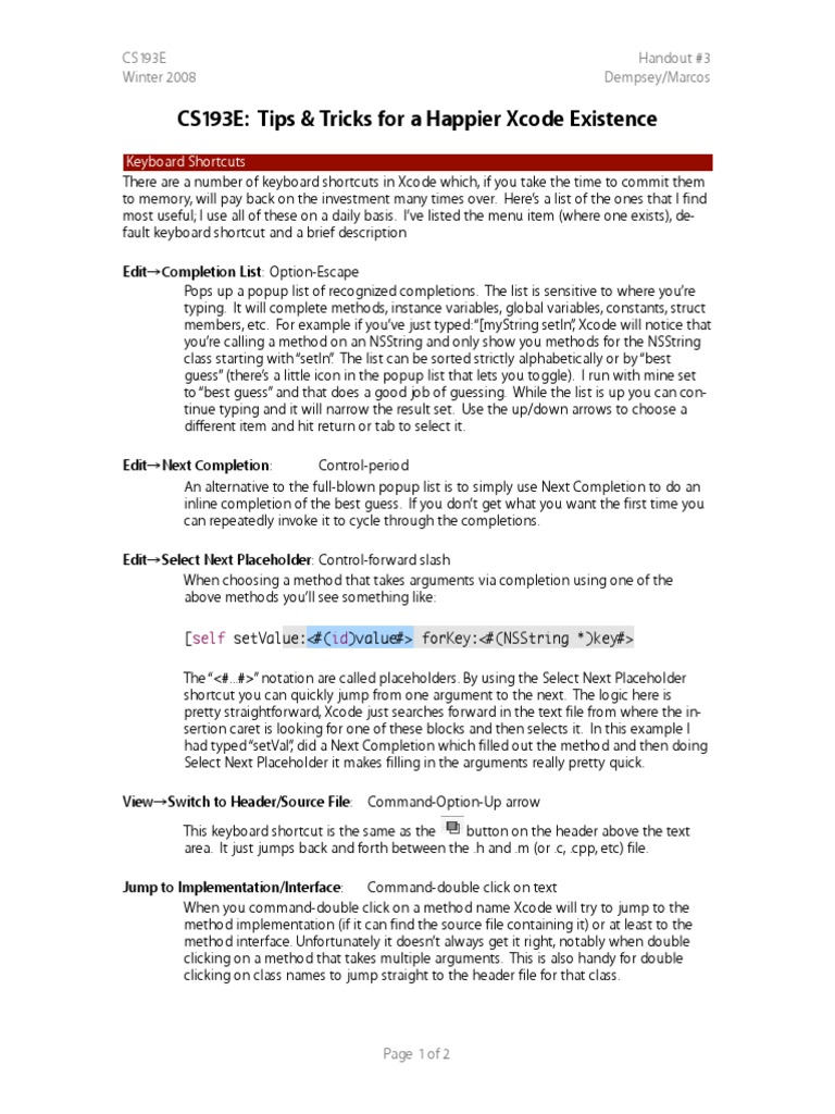 Xcode Shortcut PDF Keyboard Shortcut Source Code