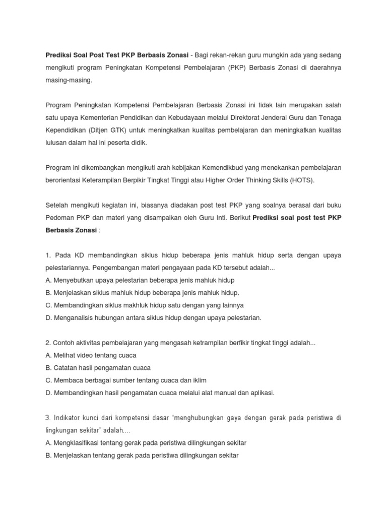 Contoh Soal Post Test Pkp Berbasis Zonasi Berbagai Contoh