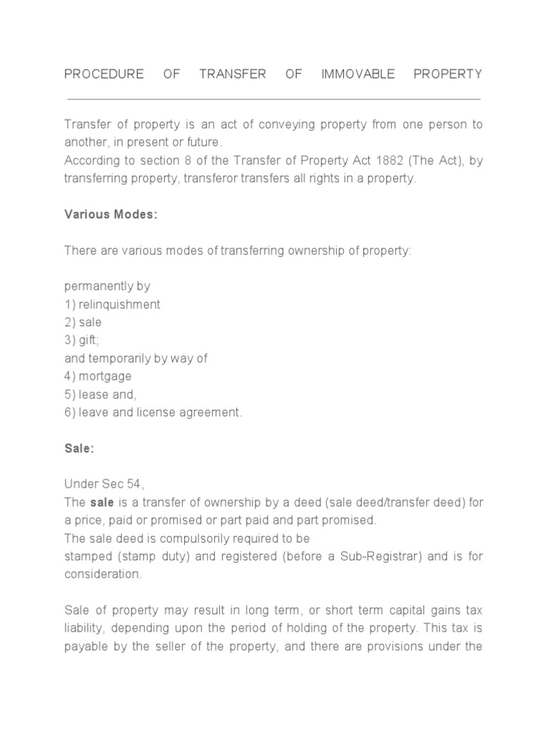 Procedure of Transfer of Immovable Property PDF Mortgage Law Lease