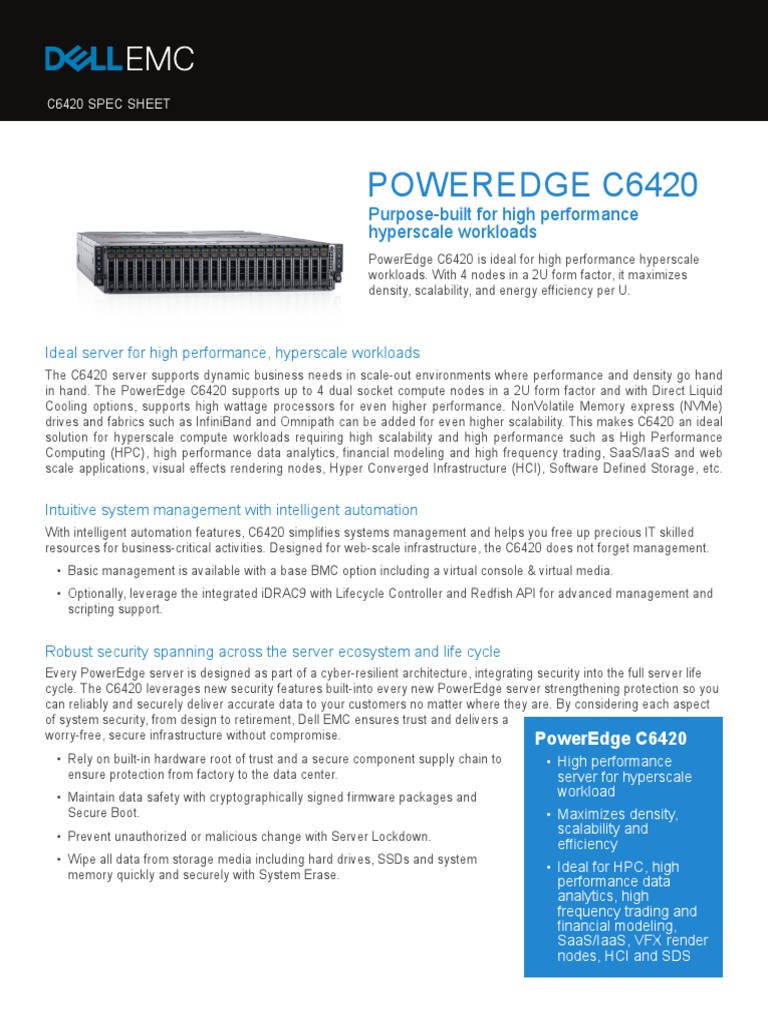 Poweredge c6420 Spec Sheet | PDF | Solid State Drive | Scalability