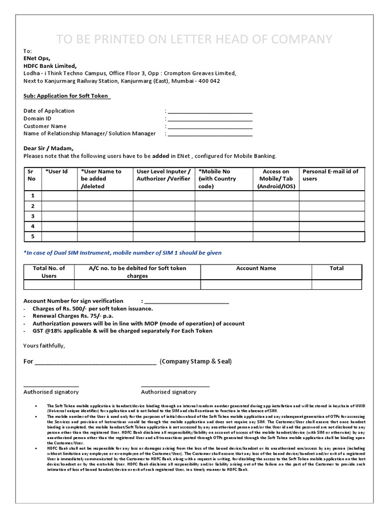 HDFC Soft Token Application Request | PDF | Mobile App | Areas Of ...