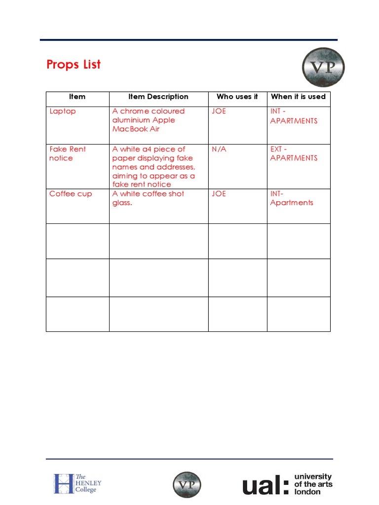 Props List Lucid | PDF