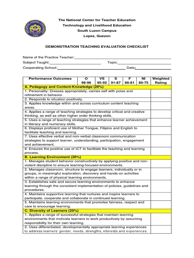 Demonstration Teaching Evaluation Checklist Pdf Educational