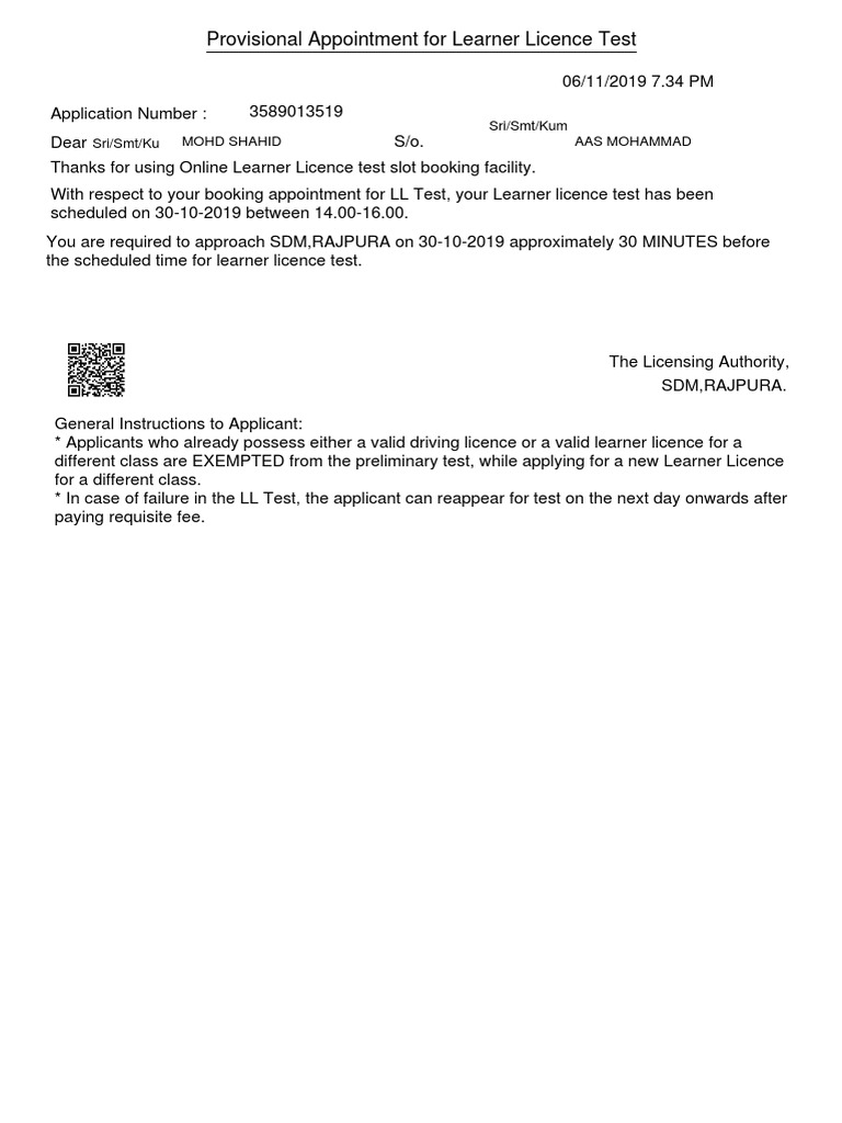 Learner Licence Test Appointment Details | PDF