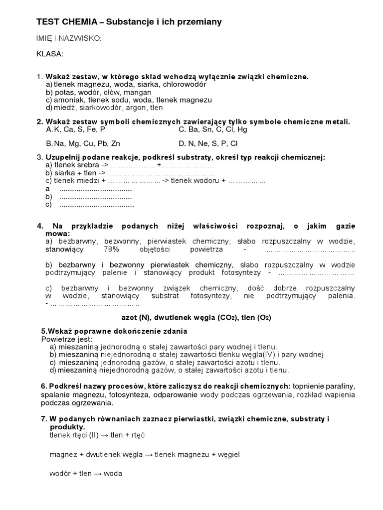Chemia Klasa 7 Dzial 2