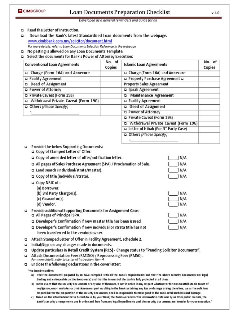 Loan Document Checklist v1 0 PDF Law And Economics Business Law