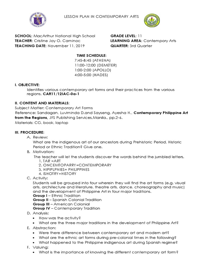 Lesson Plan: Contemporary Arts Grade 12 | PDF | Philippines | Lesson Plan