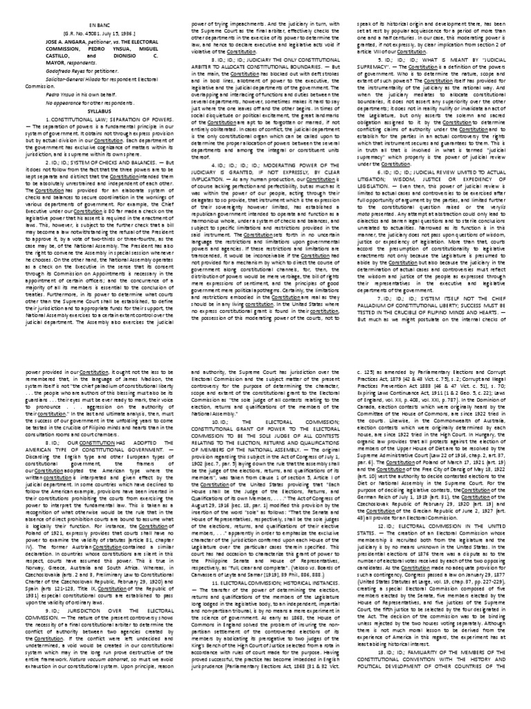 JOSE A. ANGARA, Petitioner, vs. THE ELECTORAL Commission, Pedro Ynsua ...
