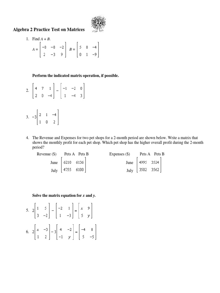 Algebra 2 Matrices Practice Test | PDF | Matrix (Mathematics) | System ...
