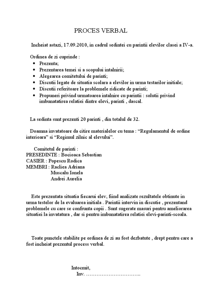 Model proces verbal consiliere parinti