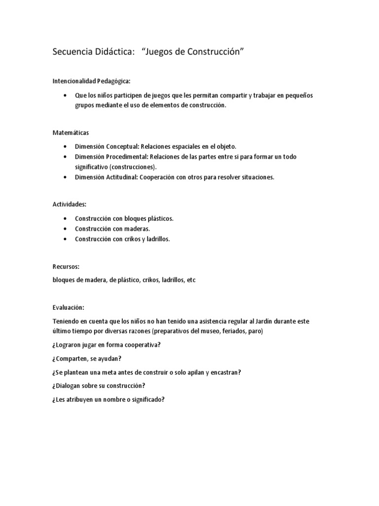 Secuencia Did ctica Juegos de Construccion PDF