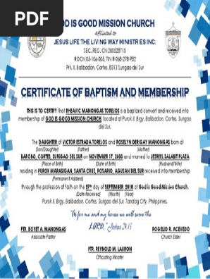 Certificate of Baptism and Membership