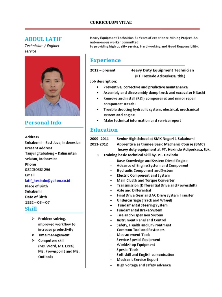 Sample Curriculum Vitae HeavyDuty Equipment Technician PDF Engines