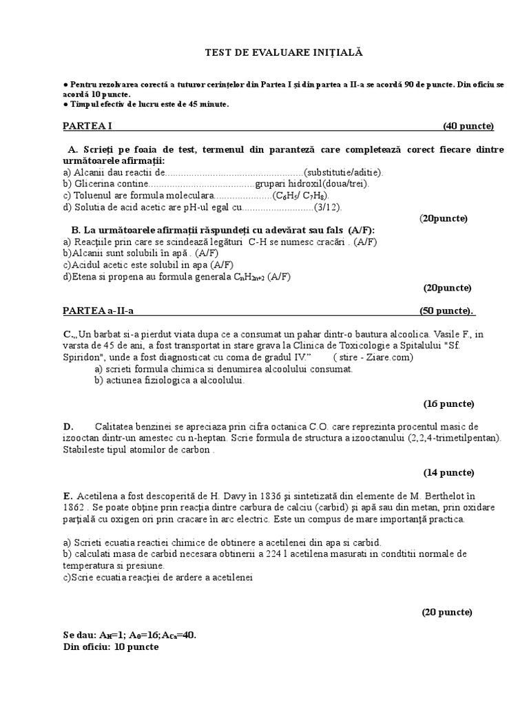 Test Initial Clasa Xi | PDF