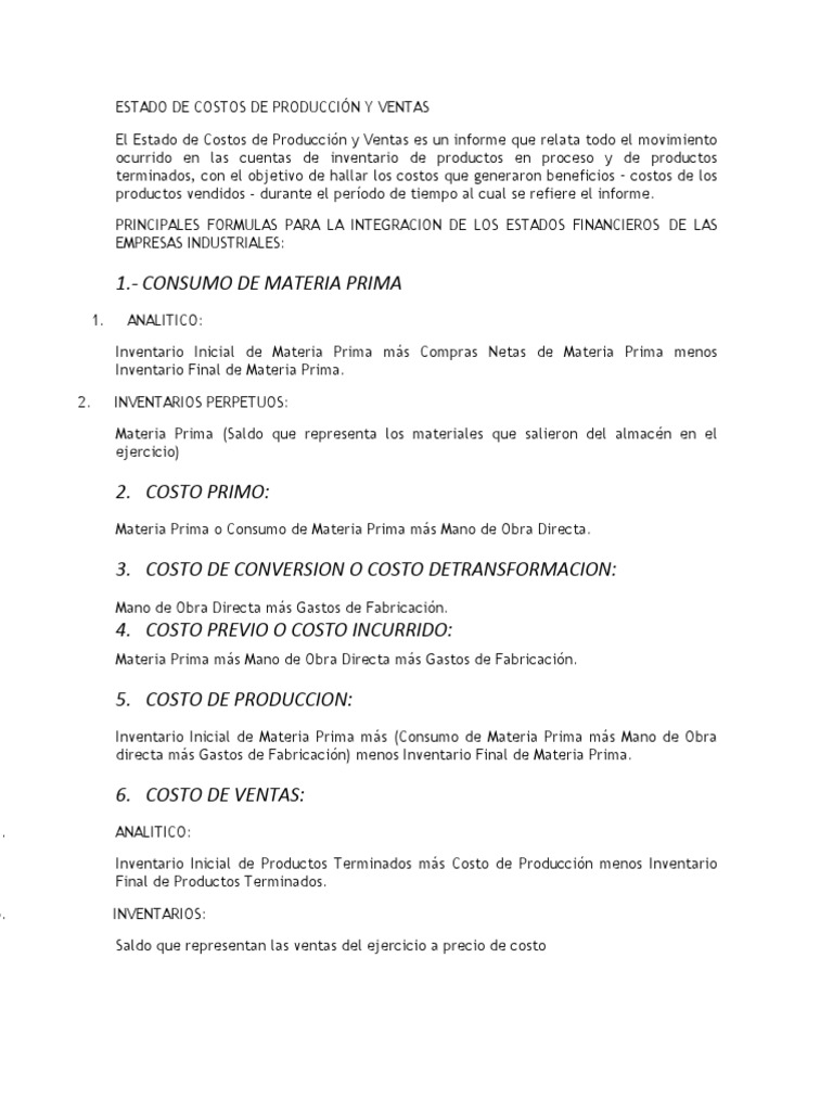 Estado de Costos de Producción y Ventas | PDF | Costo | Estado de ...